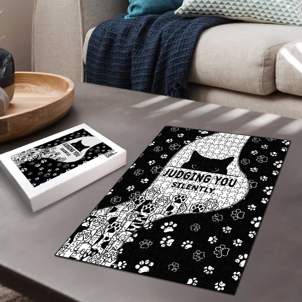 Judging You Silently Puzzle Black Cat Playful Monochrome Paw Print