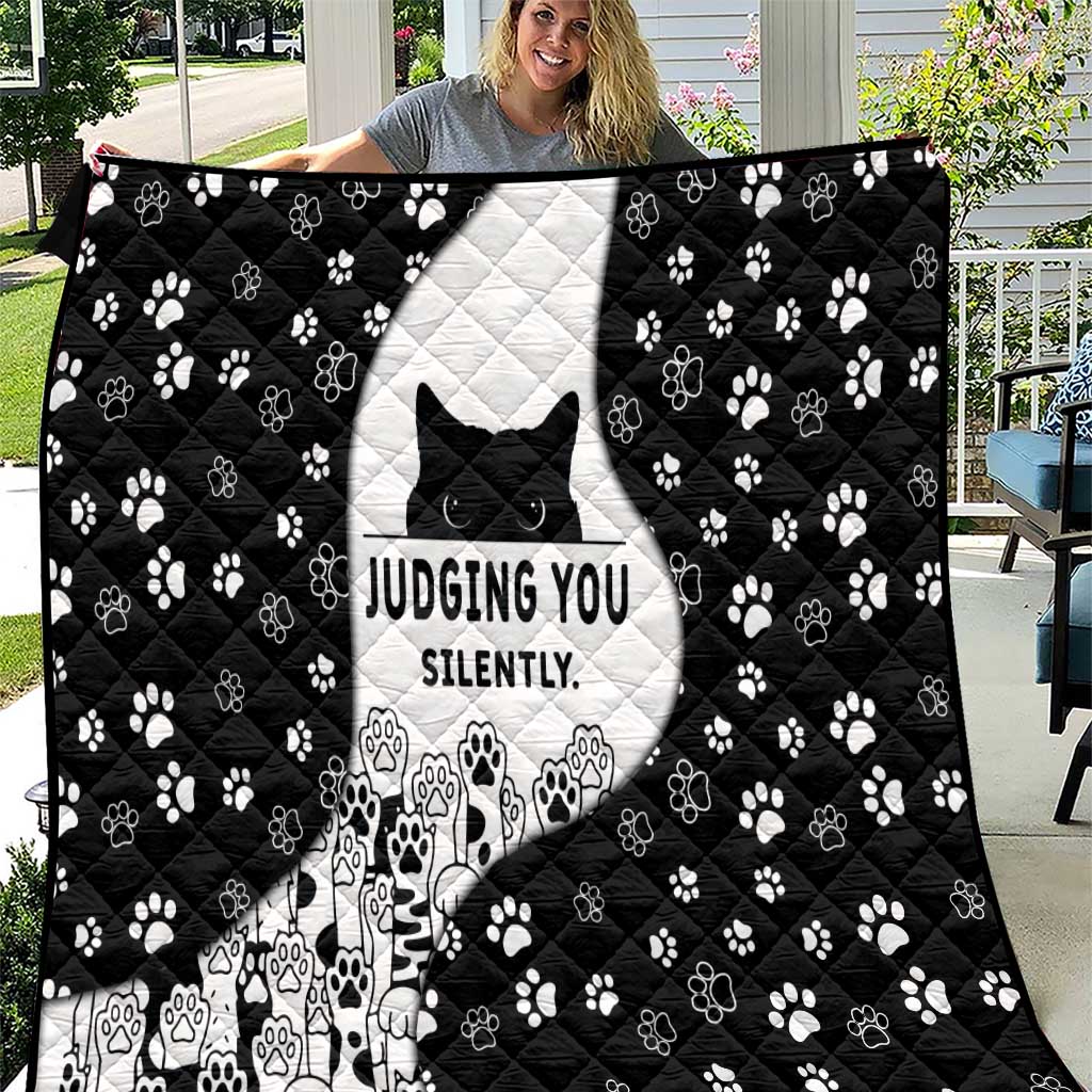Judging You Silently Quilt Black Cat Playful Monochrome Paw Print