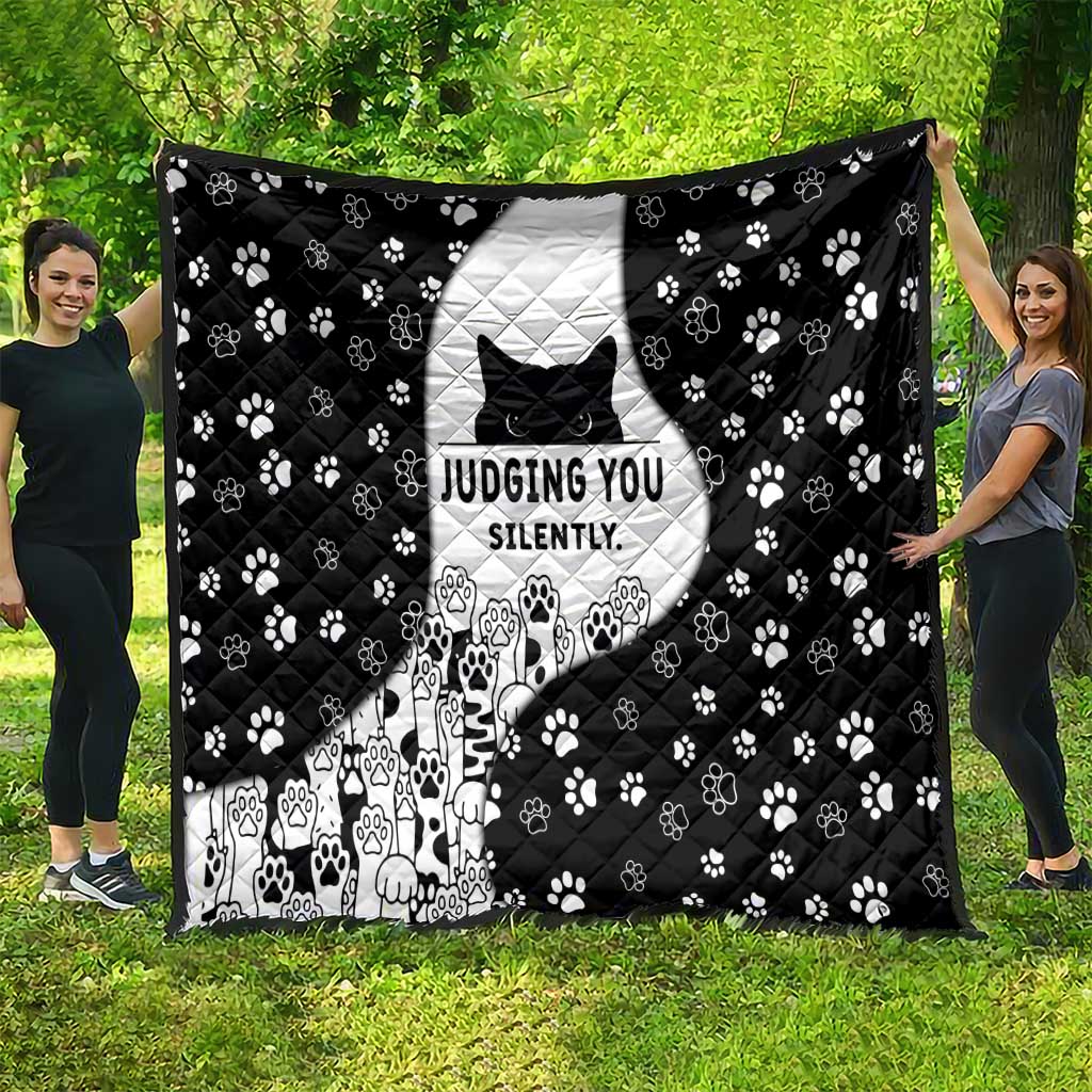 Judging You Silently Quilt Black Cat Playful Monochrome Paw Print