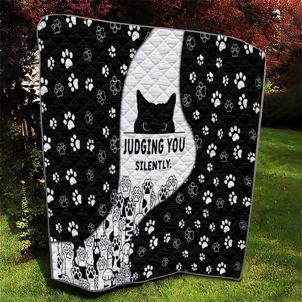 Judging You Silently Quilt Black Cat Playful Monochrome Paw Print