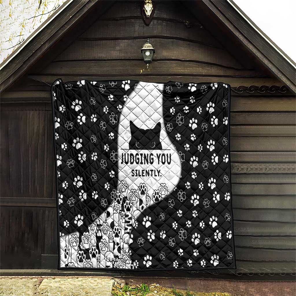 Judging You Silently Quilt Black Cat Playful Monochrome Paw Print
