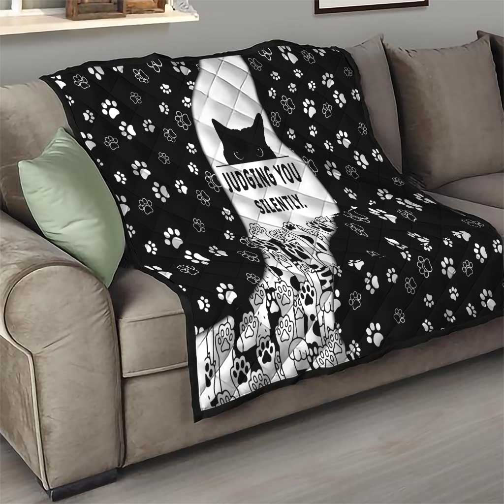 Judging You Silently Quilt Black Cat Playful Monochrome Paw Print
