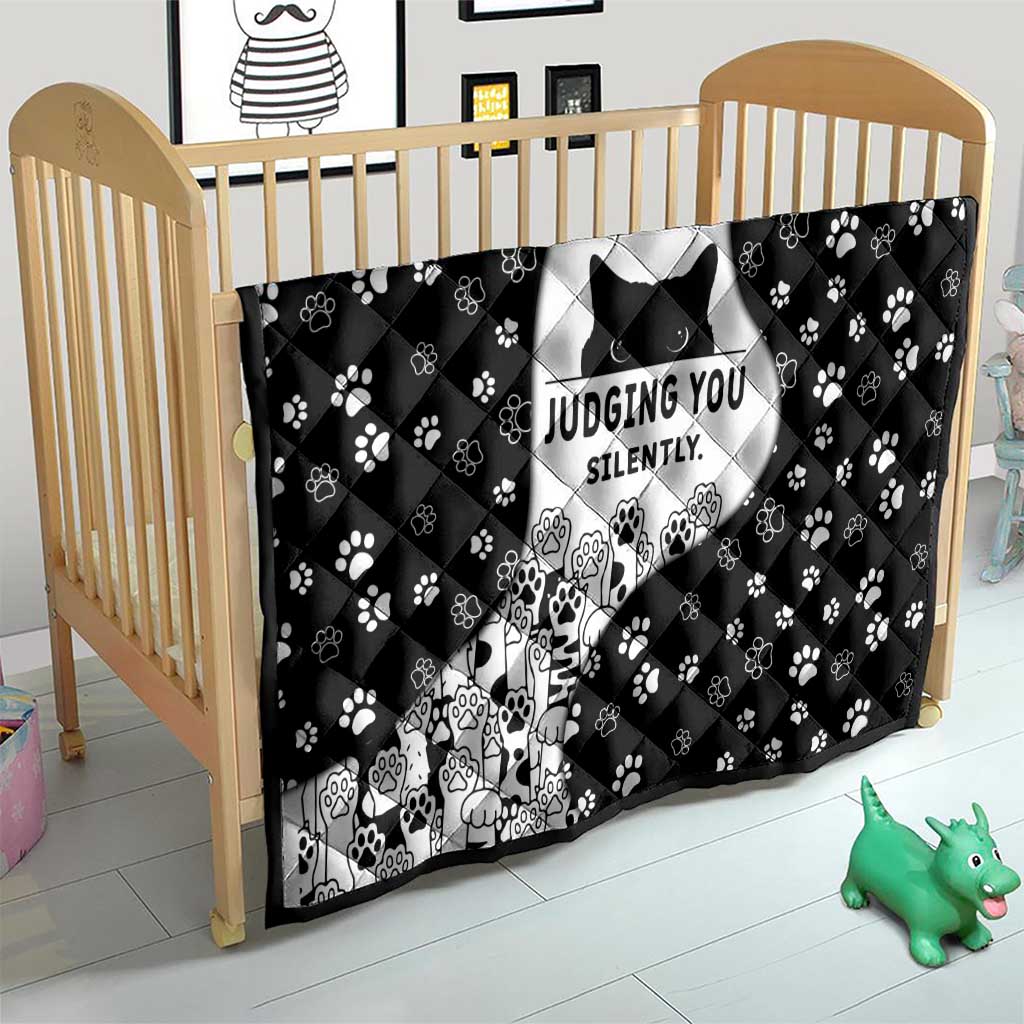 Judging You Silently Quilt Black Cat Playful Monochrome Paw Print