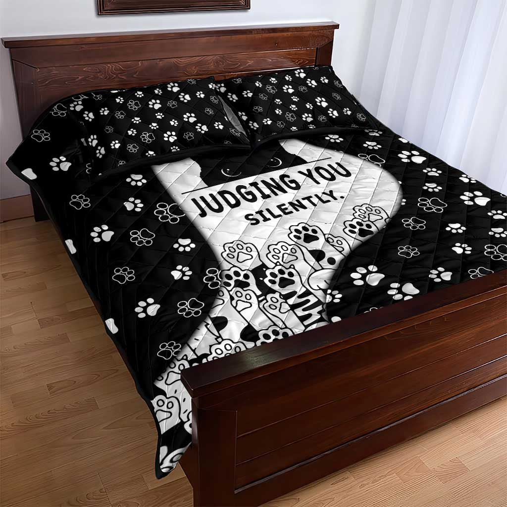 Judging You Silently Quilt Bed Set Black Cat Playful Monochrome Paw Print