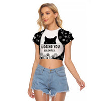 Judging You Silently Raglan Cropped T Shirt Black Cat Playful Monochrome Paw Print