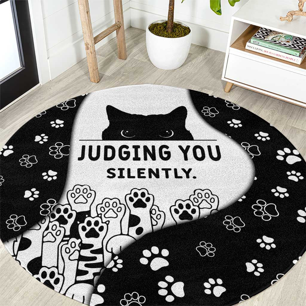 Judging You Silently Round Carpet Black Cat Playful Monochrome Paw Print
