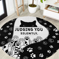Judging You Silently Round Carpet Black Cat Playful Monochrome Paw Print