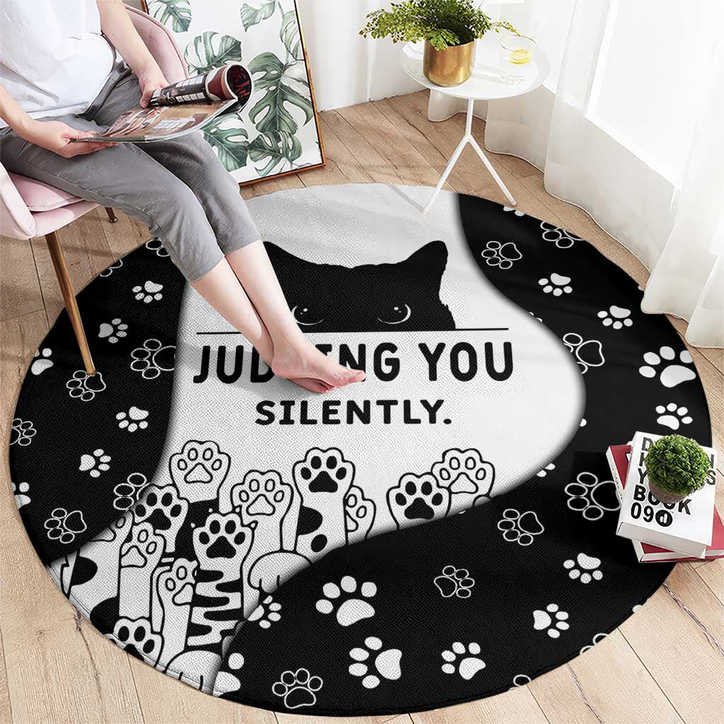 Judging You Silently Round Carpet Black Cat Playful Monochrome Paw Print