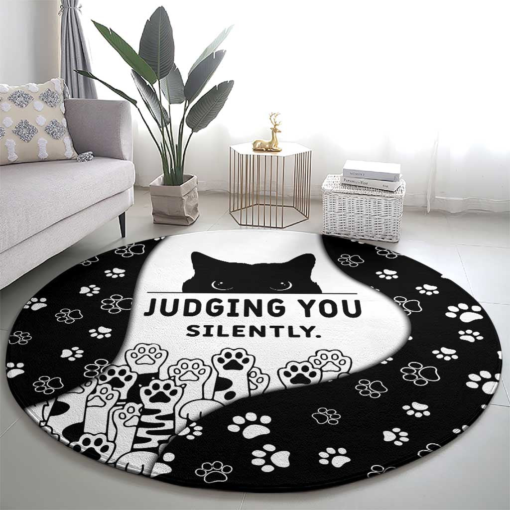 Judging You Silently Round Carpet Black Cat Playful Monochrome Paw Print