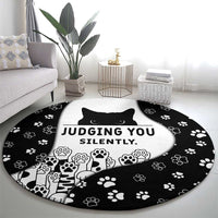 Judging You Silently Round Carpet Black Cat Playful Monochrome Paw Print