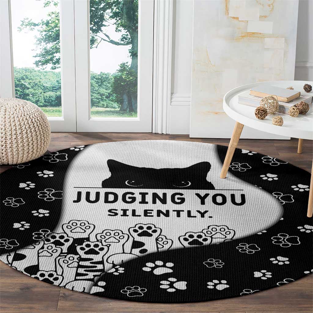 Judging You Silently Round Carpet Black Cat Playful Monochrome Paw Print