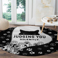 Judging You Silently Round Carpet Black Cat Playful Monochrome Paw Print