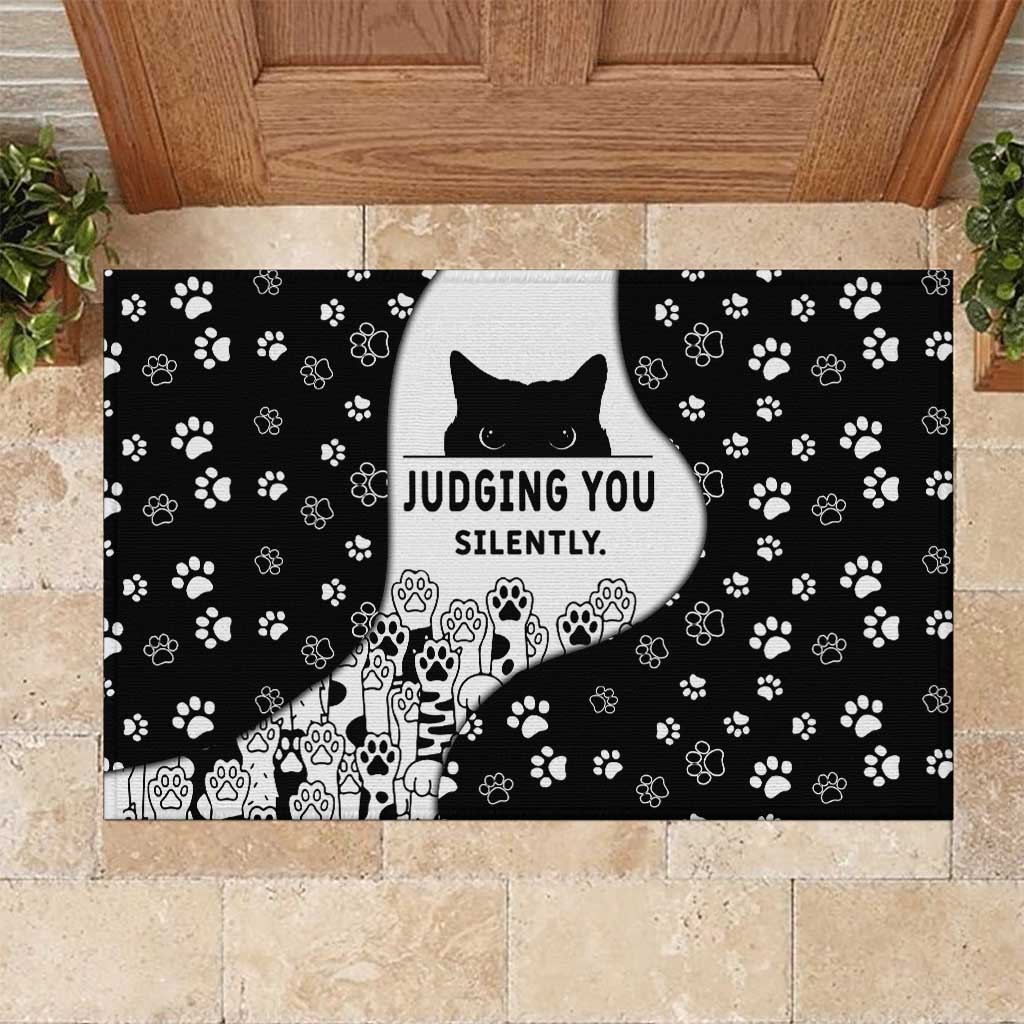 Judging You Silently Rubber Doormat Black Cat Playful Monochrome Paw Print