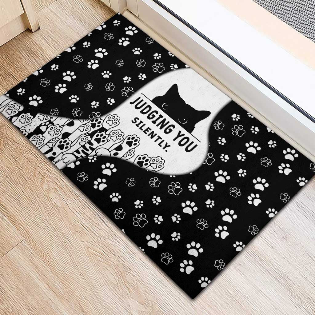 Judging You Silently Rubber Doormat Black Cat Playful Monochrome Paw Print