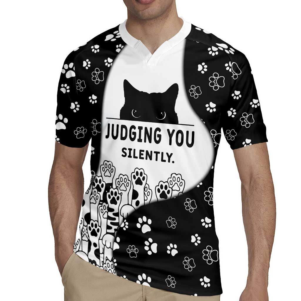 Judging You Silently Rugby Jersey Black Cat Playful Monochrome Paw Print