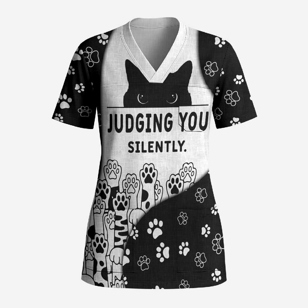 Judging You Silently Scrub Top Black Cat Playful Monochrome Paw Print