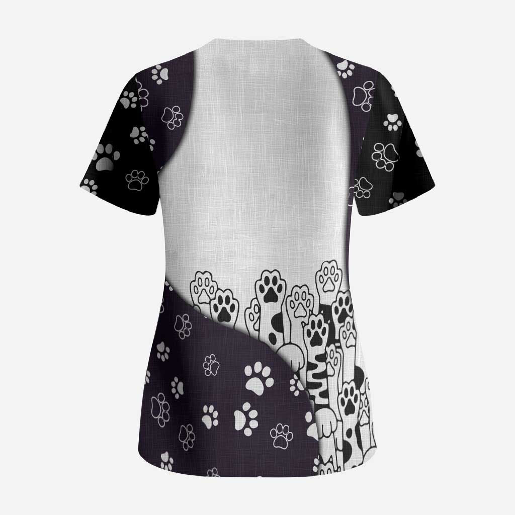 Judging You Silently Scrub Top Black Cat Playful Monochrome Paw Print
