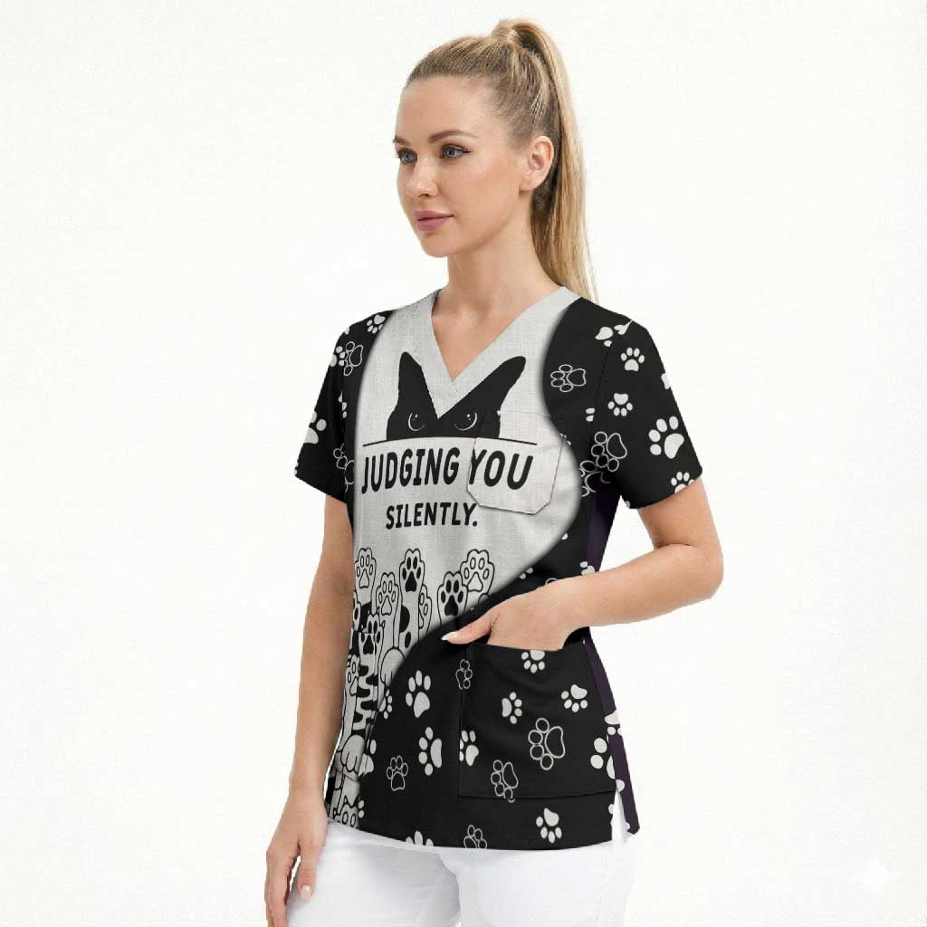 Judging You Silently Scrub Top Black Cat Playful Monochrome Paw Print