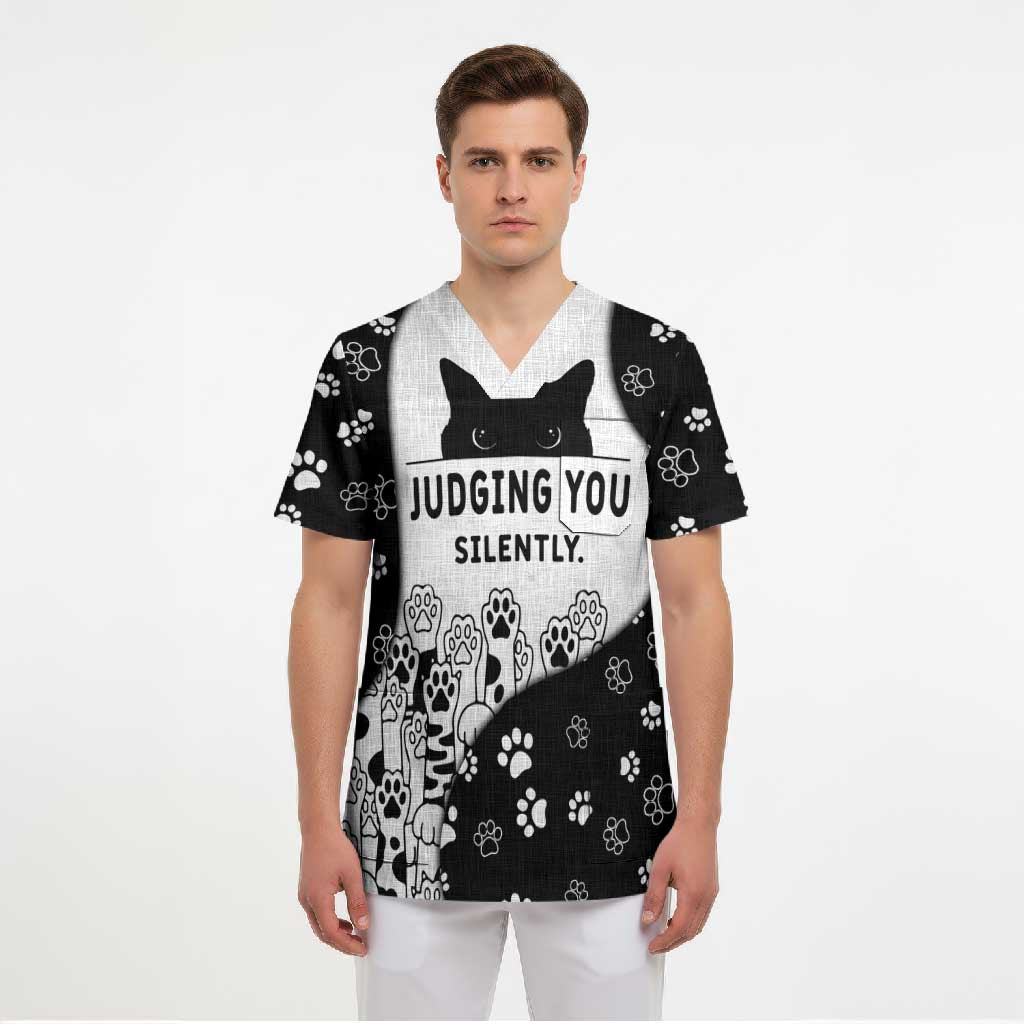 Judging You Silently Scrub Top Black Cat Playful Monochrome Paw Print