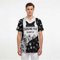 Judging You Silently Scrub Top Black Cat Playful Monochrome Paw Print