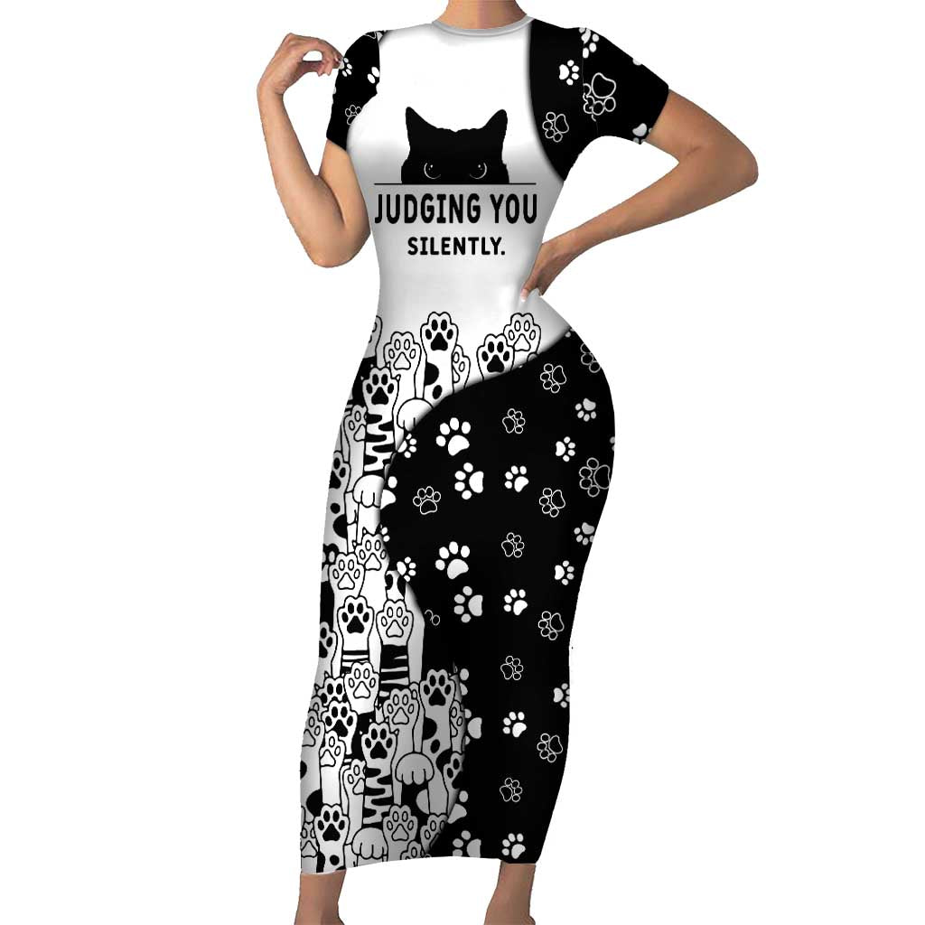 Judging You Silently Short Sleeve Bodycon Dress Black Cat Playful Monochrome Paw Print