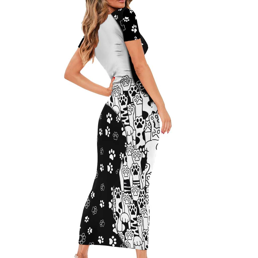 Judging You Silently Short Sleeve Bodycon Dress Black Cat Playful Monochrome Paw Print