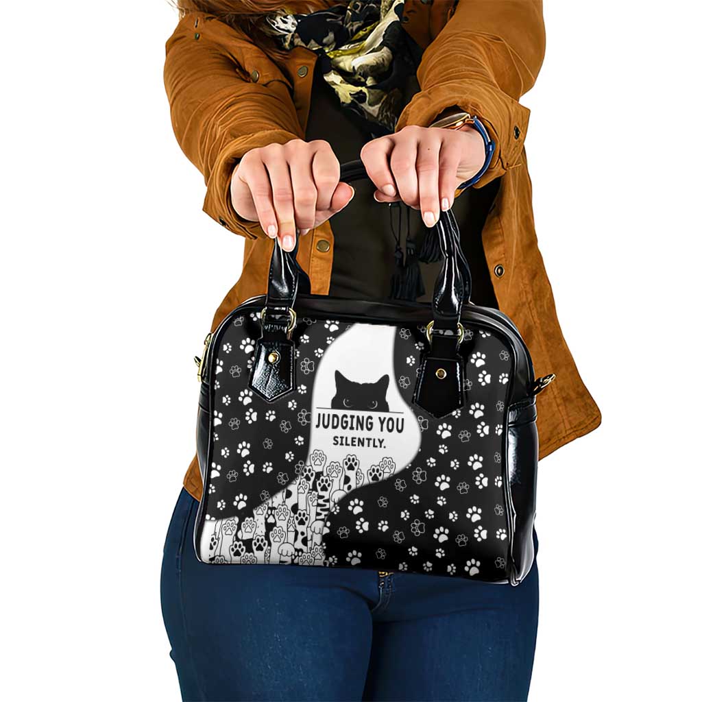 Judging You Silently Shoulder Handbag Black Cat Playful Monochrome Paw Print