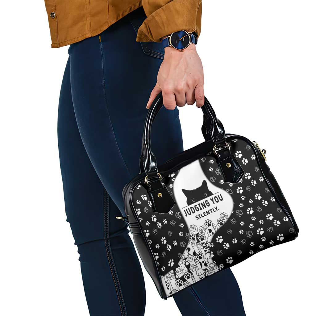 Judging You Silently Shoulder Handbag Black Cat Playful Monochrome Paw Print
