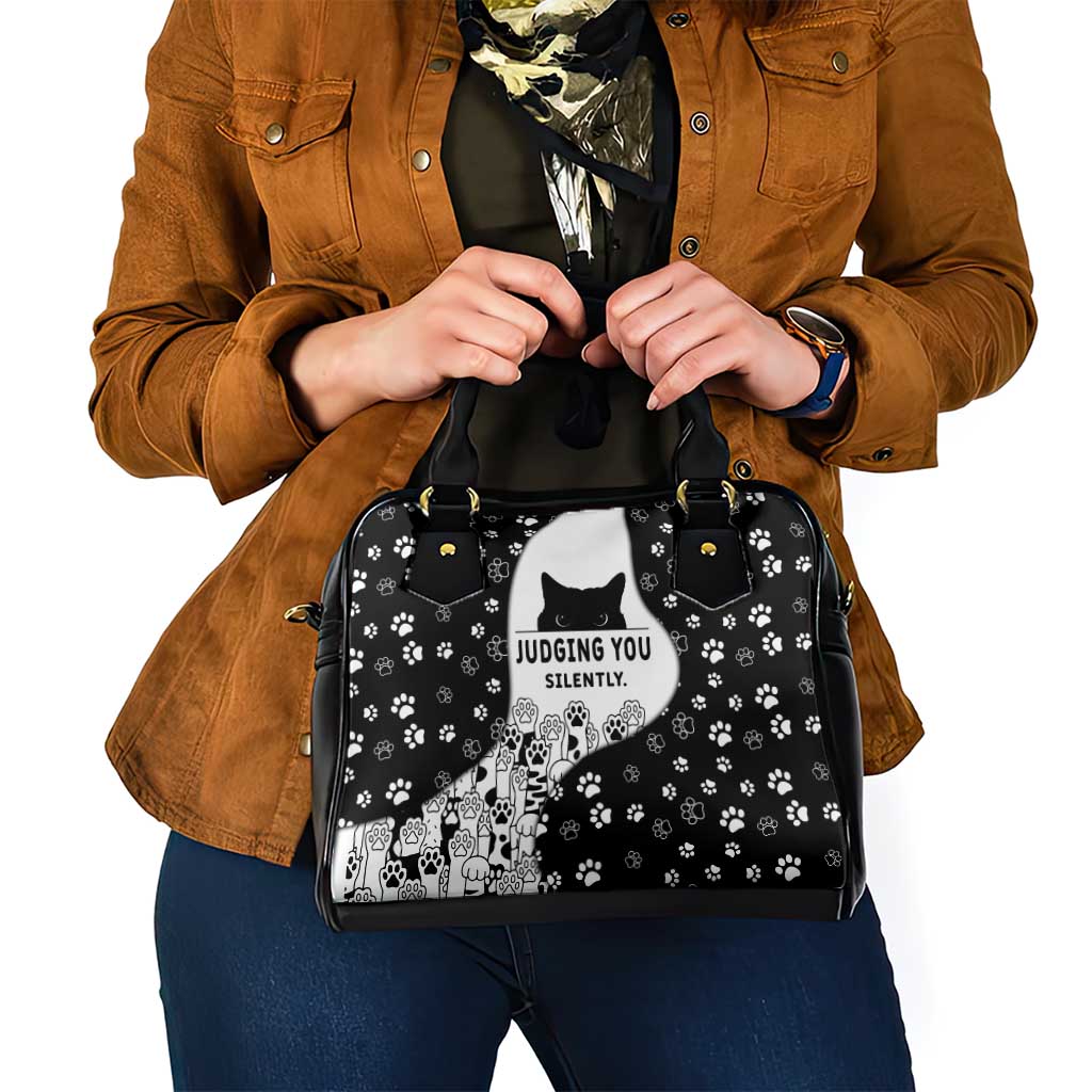 Judging You Silently Shoulder Handbag Black Cat Playful Monochrome Paw Print