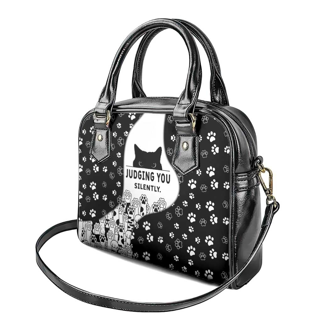 Judging You Silently Shoulder Handbag Black Cat Playful Monochrome Paw Print