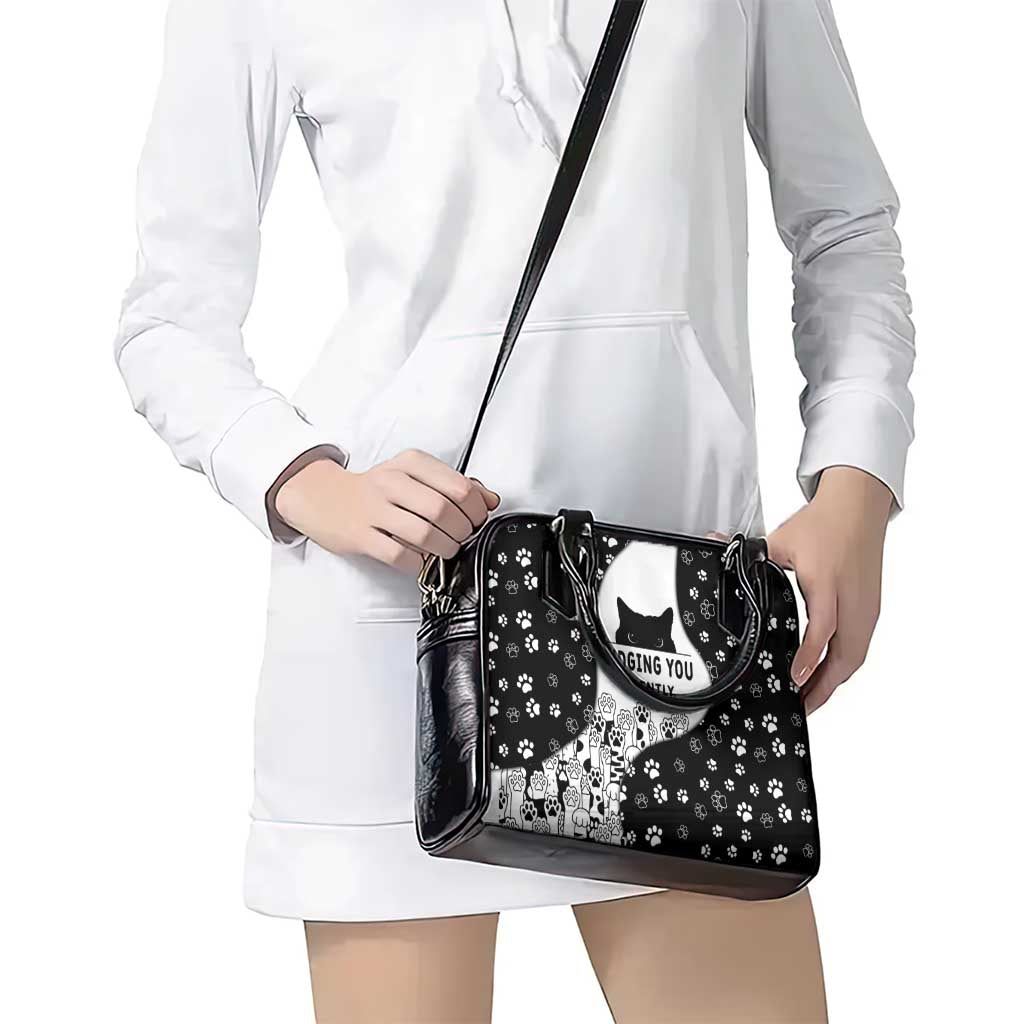 Judging You Silently Shoulder Handbag Black Cat Playful Monochrome Paw Print