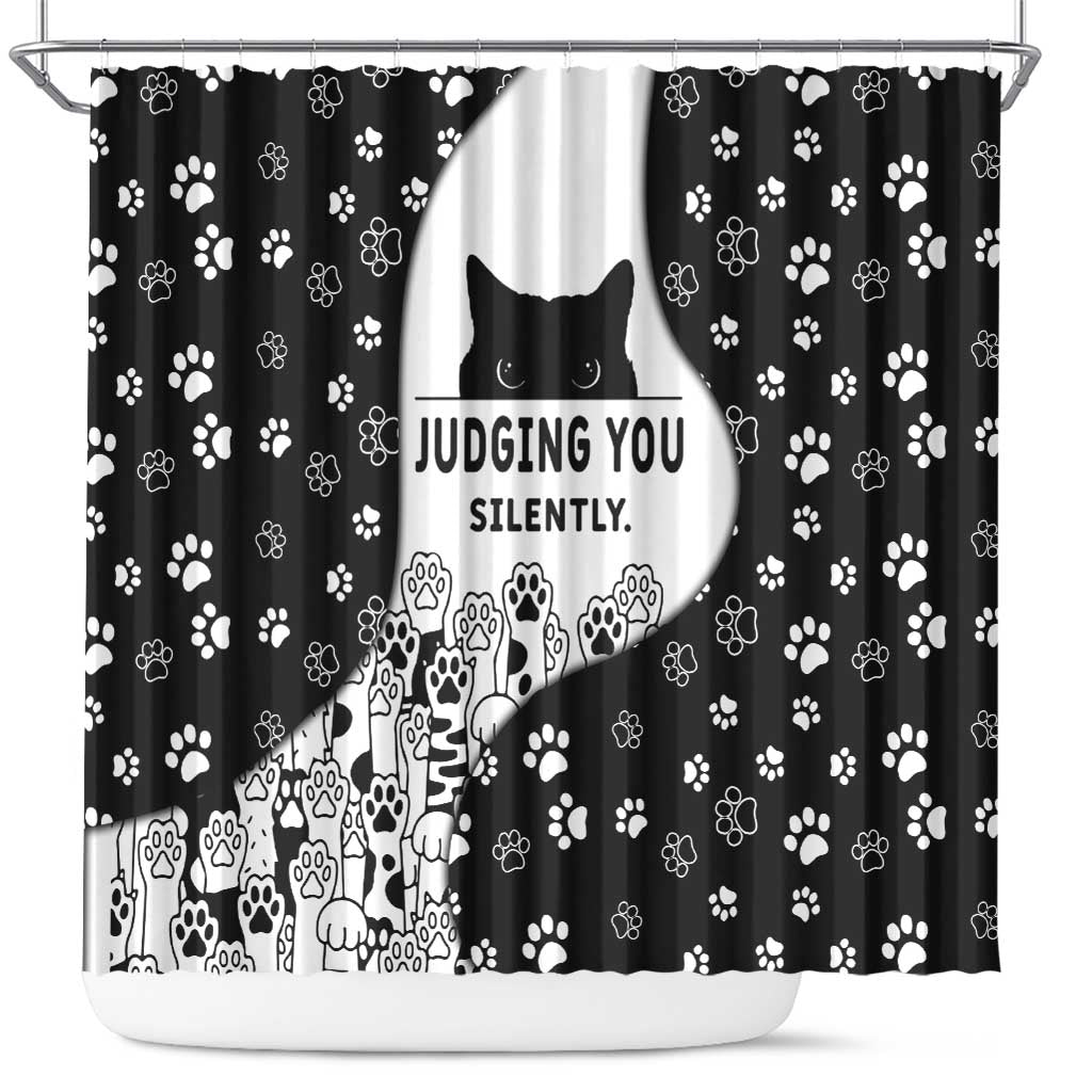 Judging You Silently Shower Curtain Black Cat Playful Monochrome Paw Print