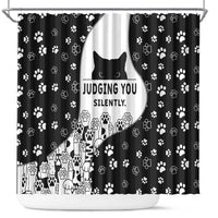 Judging You Silently Shower Curtain Black Cat Playful Monochrome Paw Print