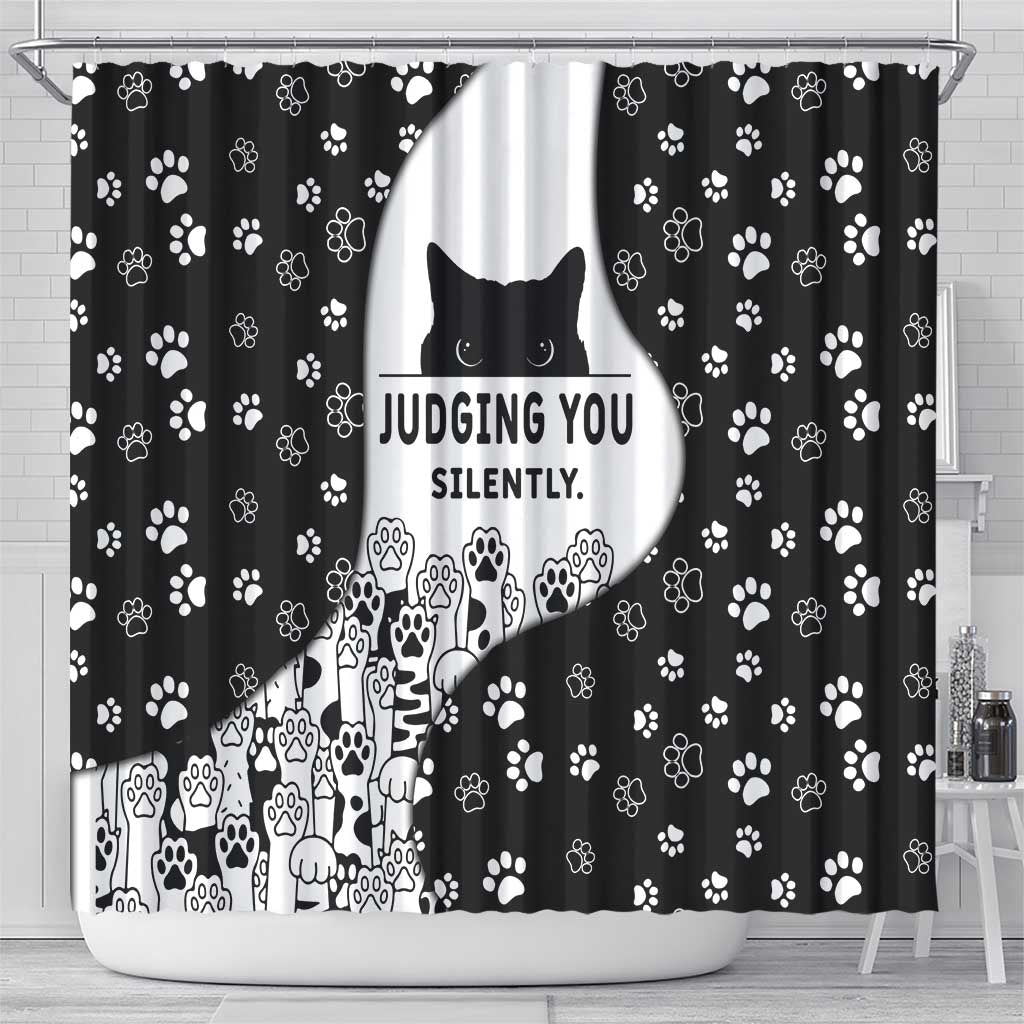 Judging You Silently Shower Curtain Black Cat Playful Monochrome Paw Print