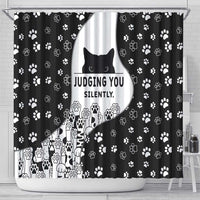 Judging You Silently Shower Curtain Black Cat Playful Monochrome Paw Print
