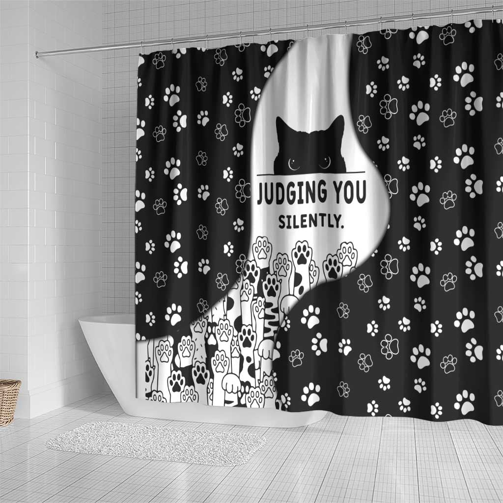 Judging You Silently Shower Curtain Black Cat Playful Monochrome Paw Print