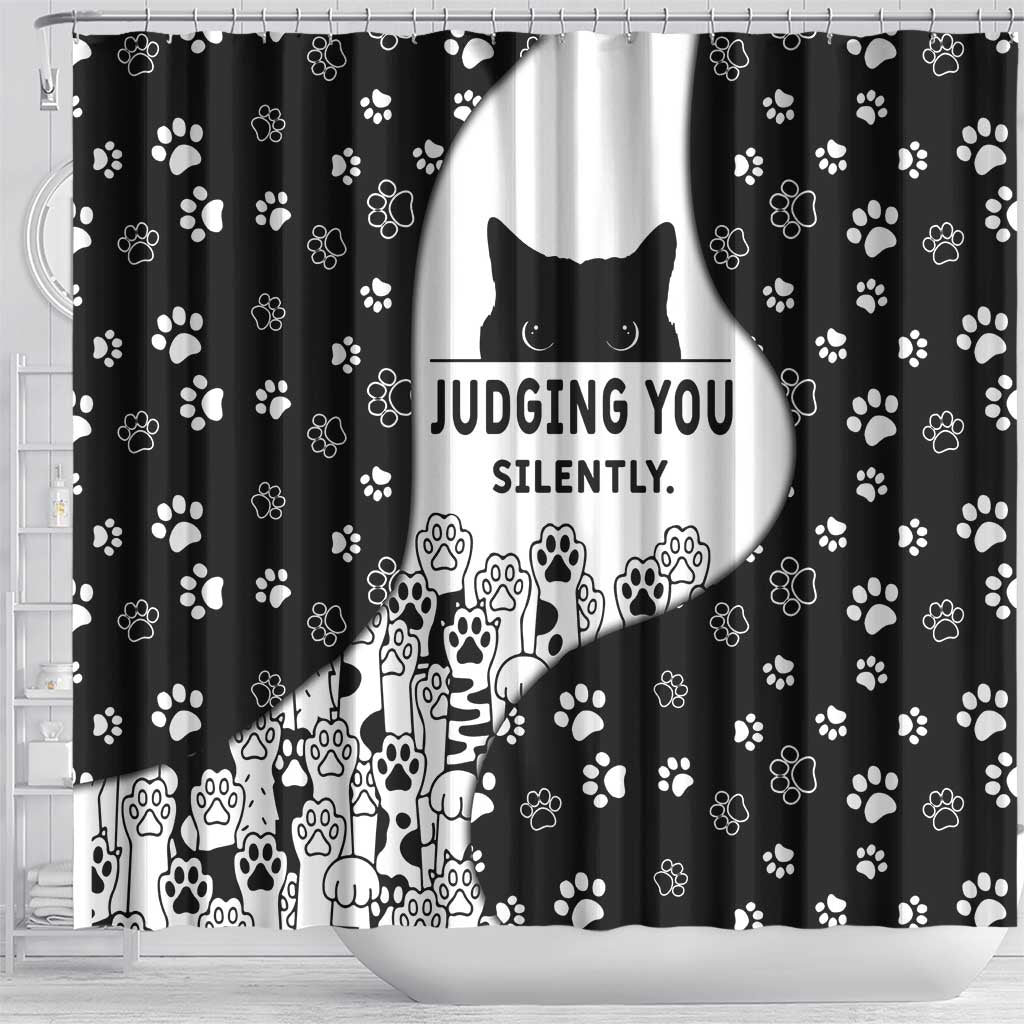Judging You Silently Shower Curtain Black Cat Playful Monochrome Paw Print