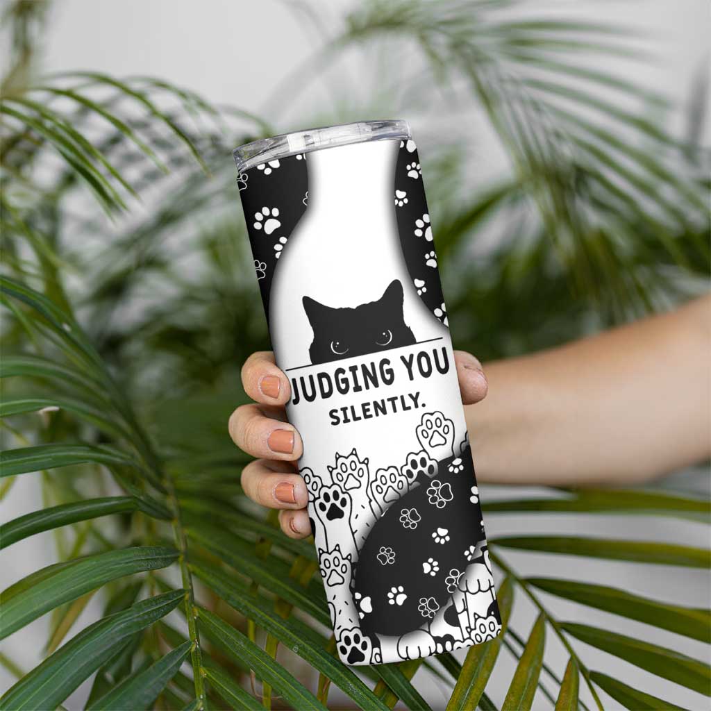 Judging You Silently Skinny Tumbler Black Cat Playful Monochrome Paw Print