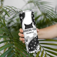 Judging You Silently Skinny Tumbler Black Cat Playful Monochrome Paw Print