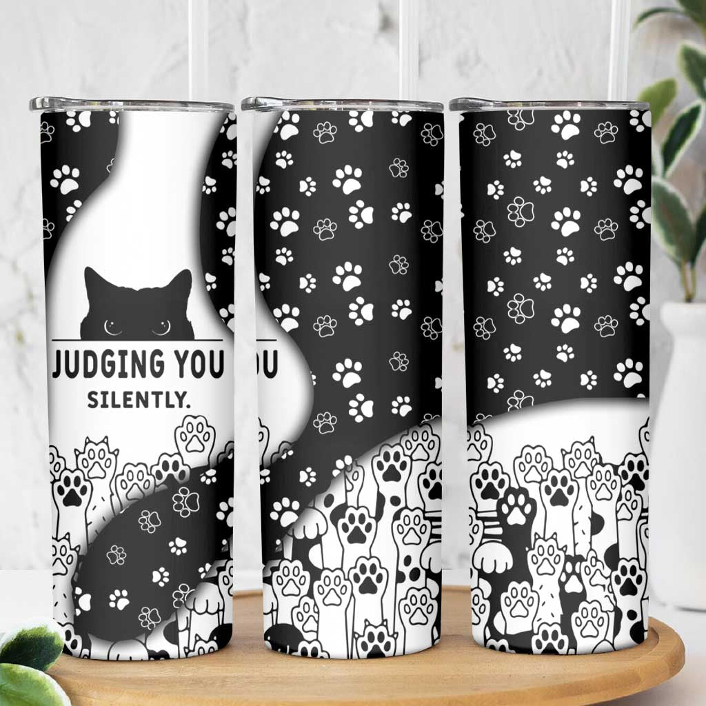 Judging You Silently Skinny Tumbler Black Cat Playful Monochrome Paw Print