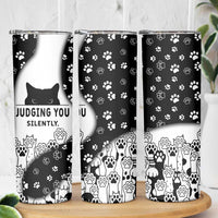 Judging You Silently Skinny Tumbler Black Cat Playful Monochrome Paw Print
