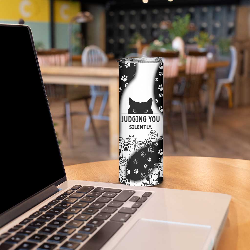 Judging You Silently Skinny Tumbler Black Cat Playful Monochrome Paw Print