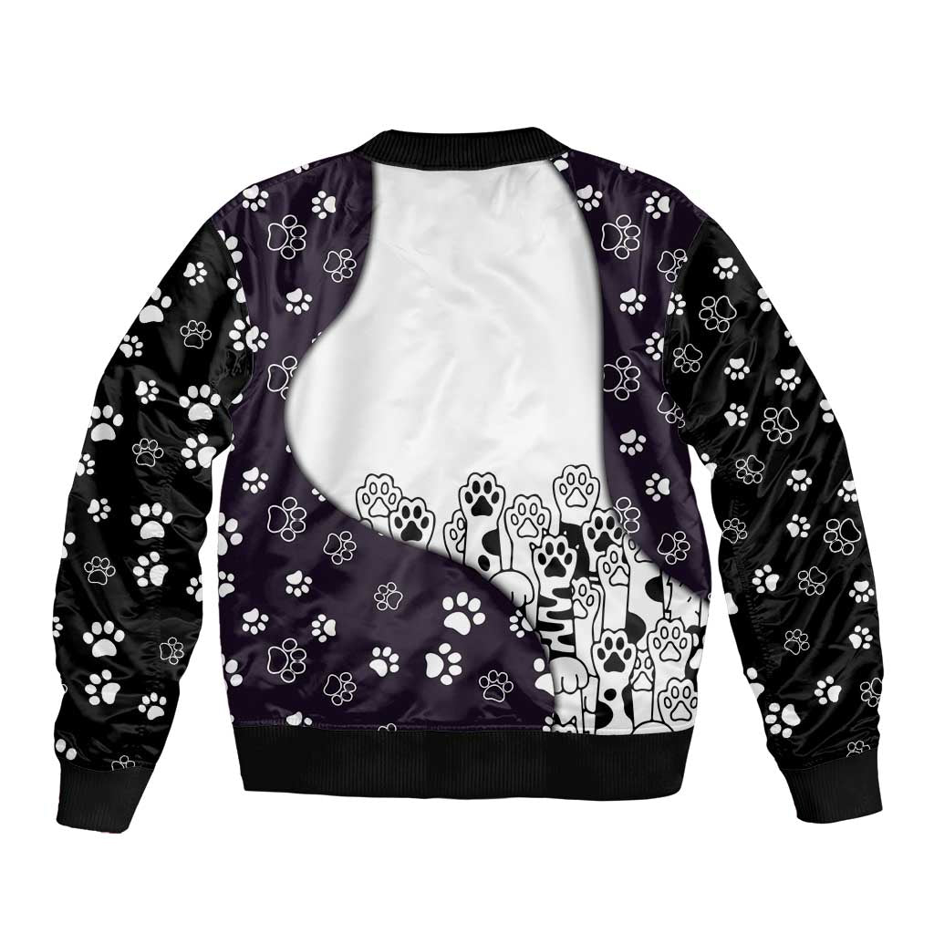Judging You Silently Sleeve Zip Bomber Jacket Black Cat Playful Monochrome Paw Print