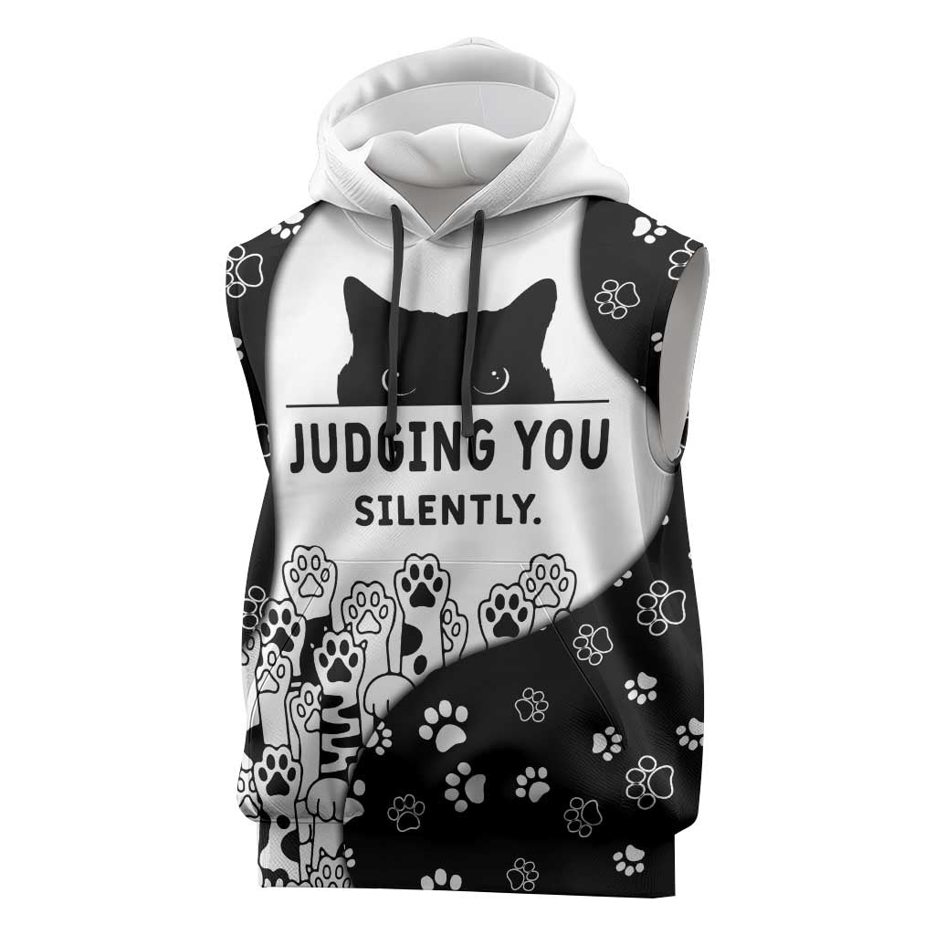 Judging You Silently Sleeveless Hoodie Black Cat Playful Monochrome Paw Print