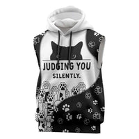 Judging You Silently Sleeveless Hoodie Black Cat Playful Monochrome Paw Print