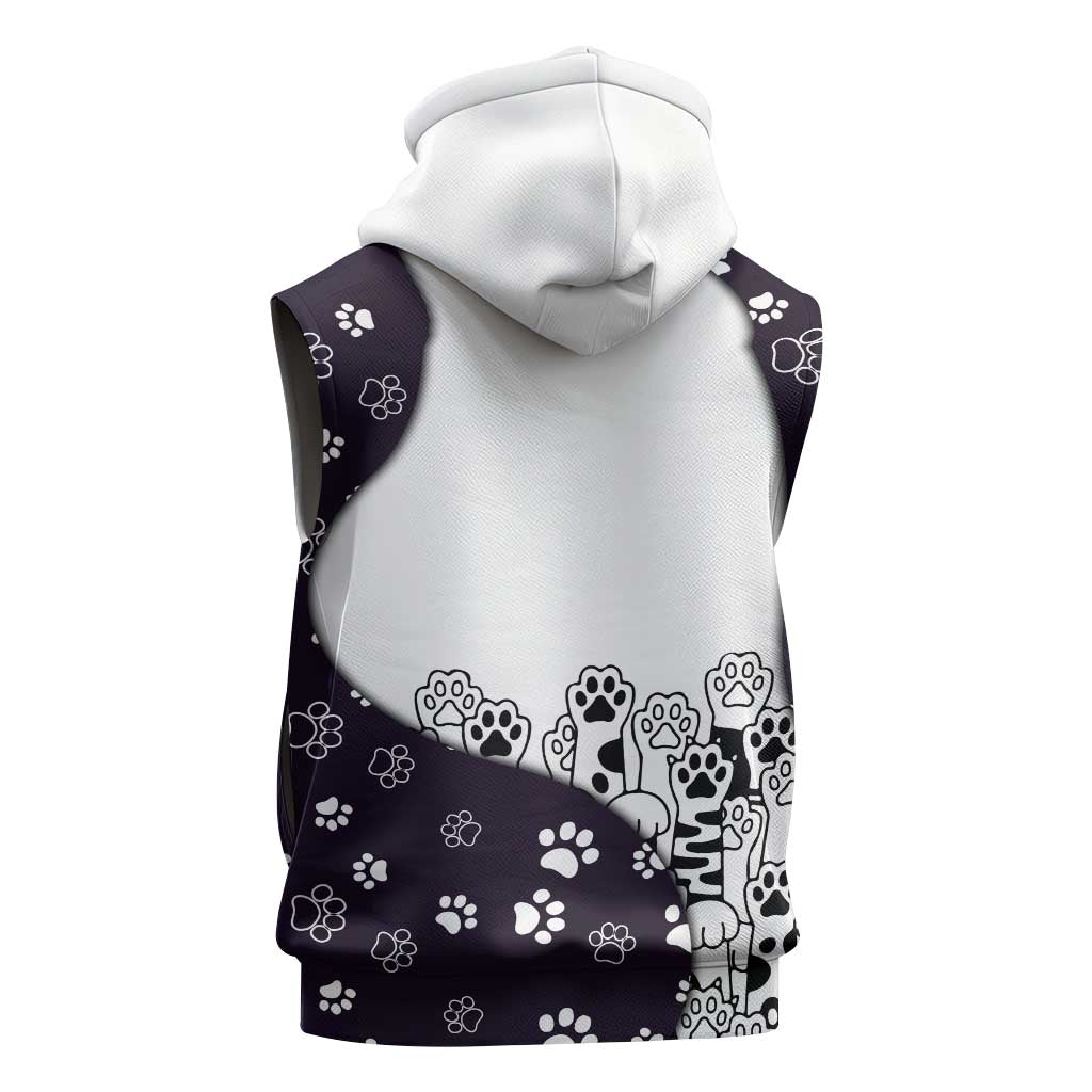 Judging You Silently Sleeveless Hoodie Black Cat Playful Monochrome Paw Print