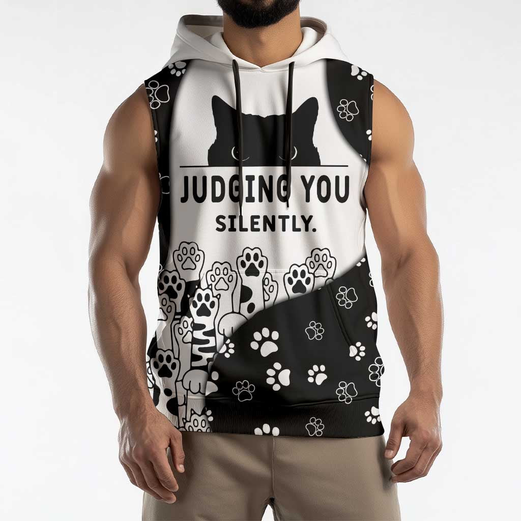 Judging You Silently Sleeveless Hoodie Black Cat Playful Monochrome Paw Print