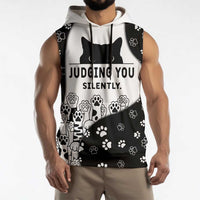 Judging You Silently Sleeveless Hoodie Black Cat Playful Monochrome Paw Print