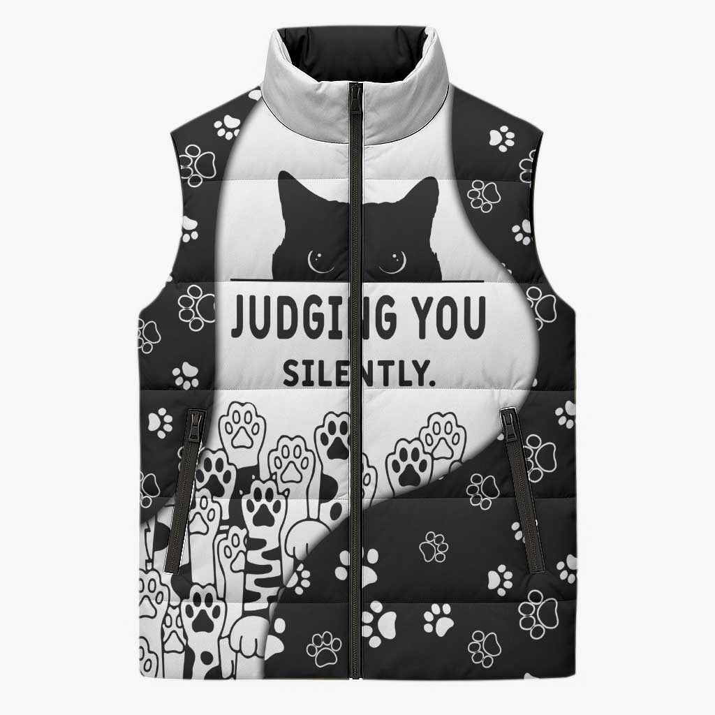 Judging You Silently Sleeveless Puffer Jacket Black Cat Playful Monochrome Paw Print