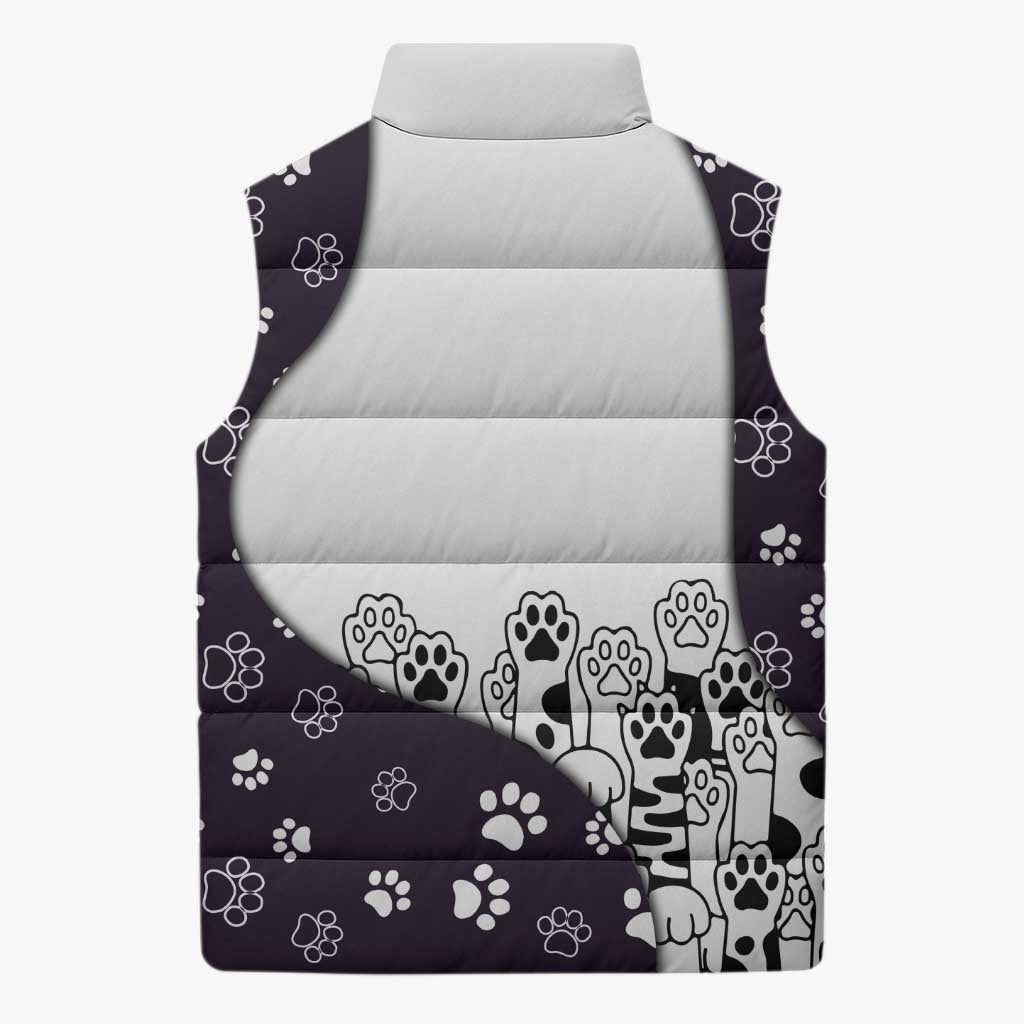 Judging You Silently Sleeveless Puffer Jacket Black Cat Playful Monochrome Paw Print